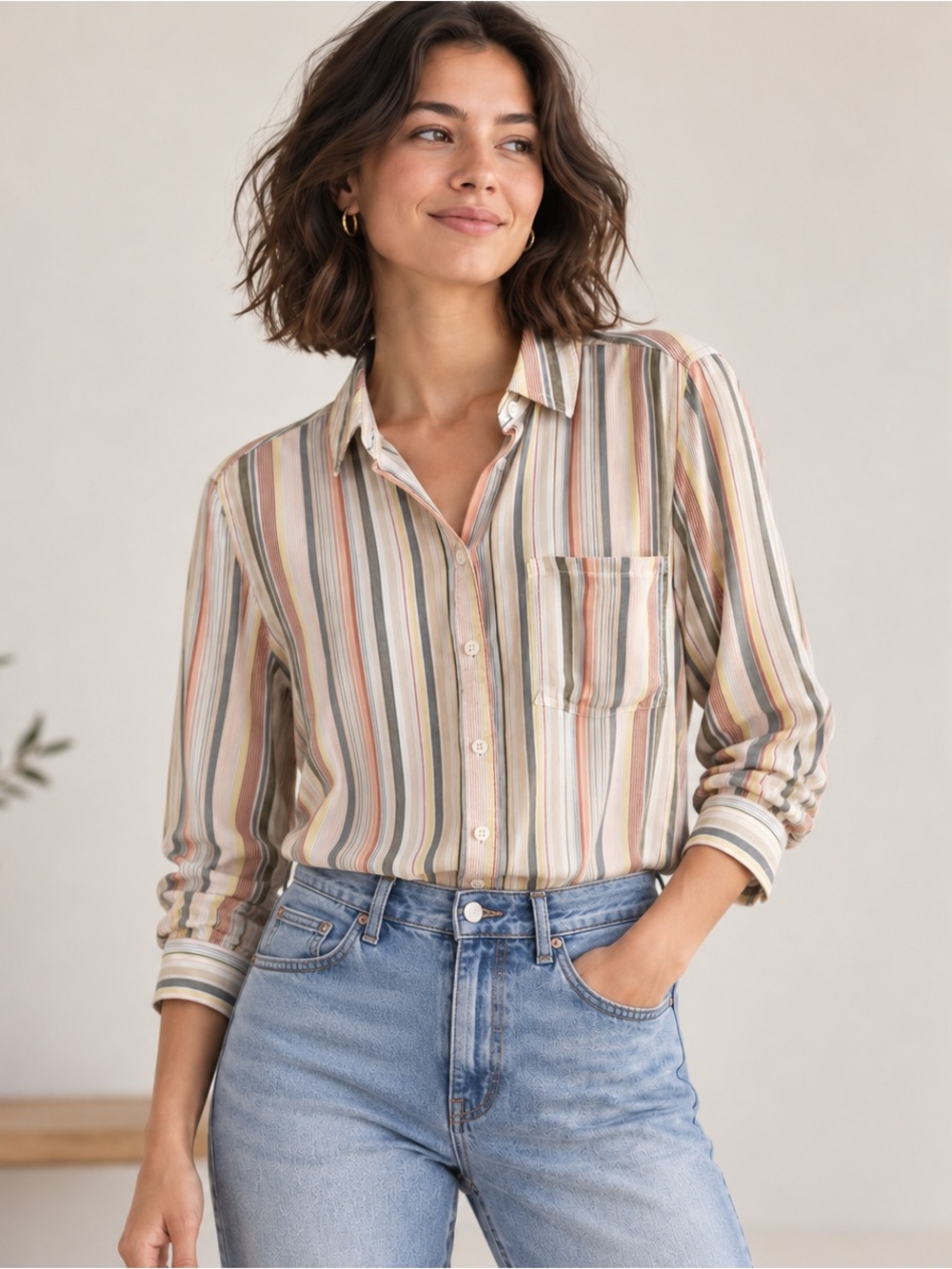 Beach Lunch Lounge Multicolor Stripe Button Down Shirt S/P Coastal Casual